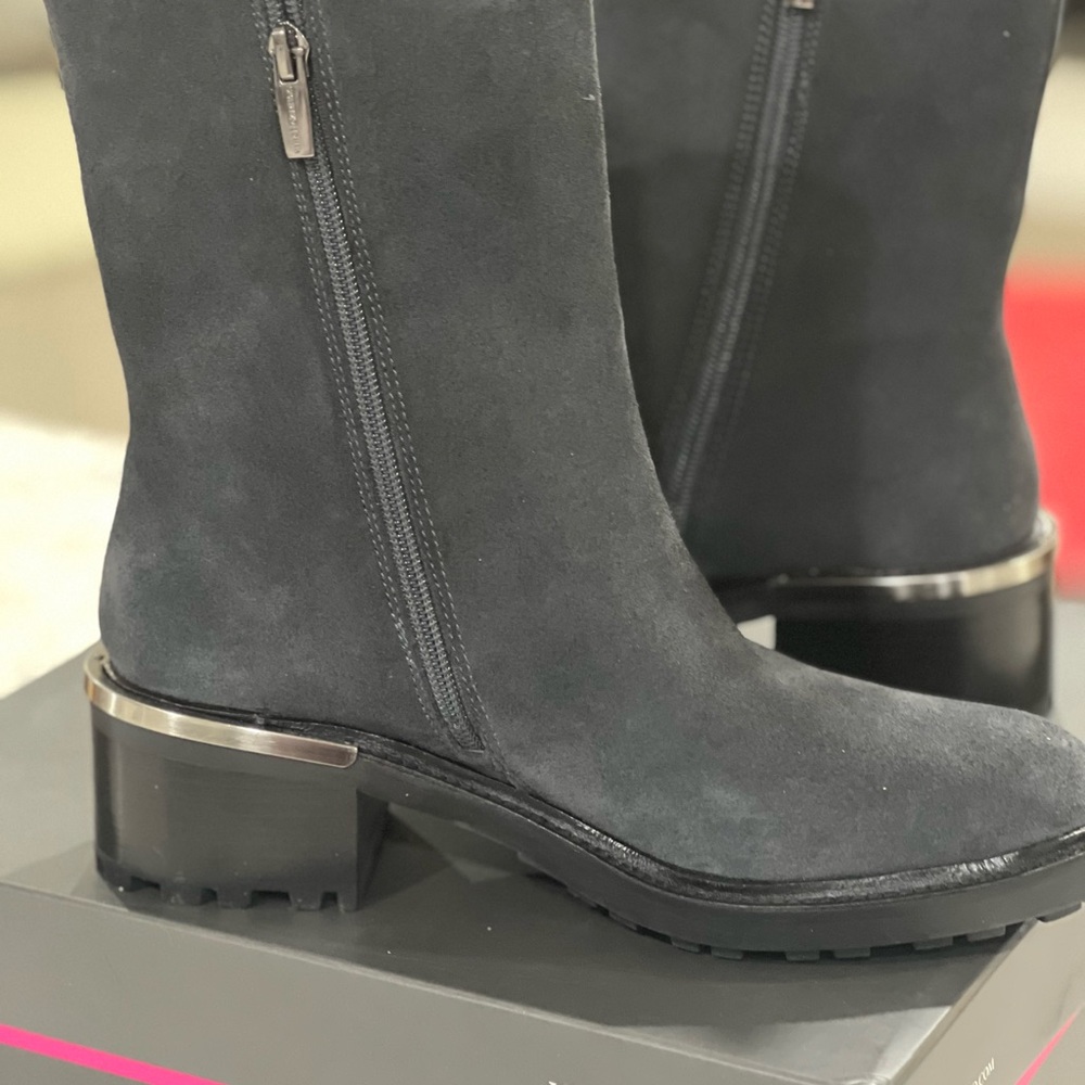 Vince Camuto Black Heeled Boots with Suede Finish and Side Zipper